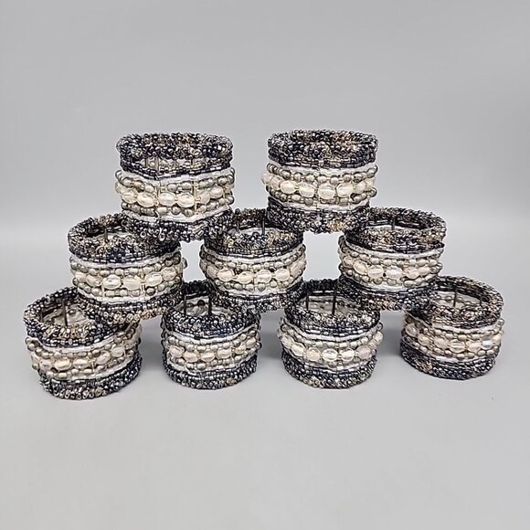 Pier One imports Blue gray, white, black beaded napkin holders Set Of 9 1.5" - Picture 1 of 4